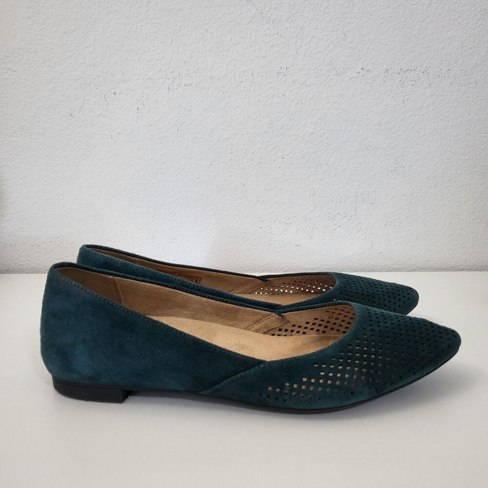 VIONIC Posey Flats Womens 8 Green Suede Leather Cut Outs Pointed Toe Ballet